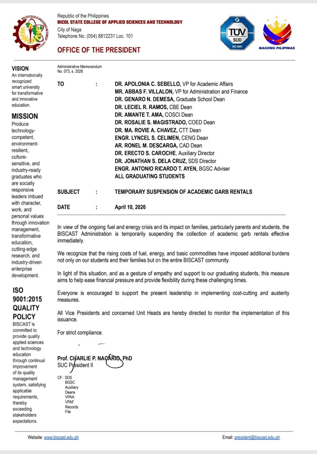 Temporary Suspension of Academic Garb Rentals